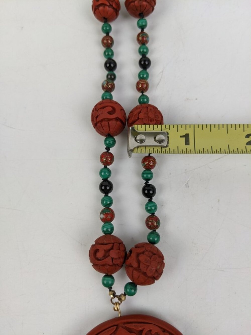 Vintage Chinese Cinnabar Malachite & Onyx Beaded Necklace - Picture 13 of 13